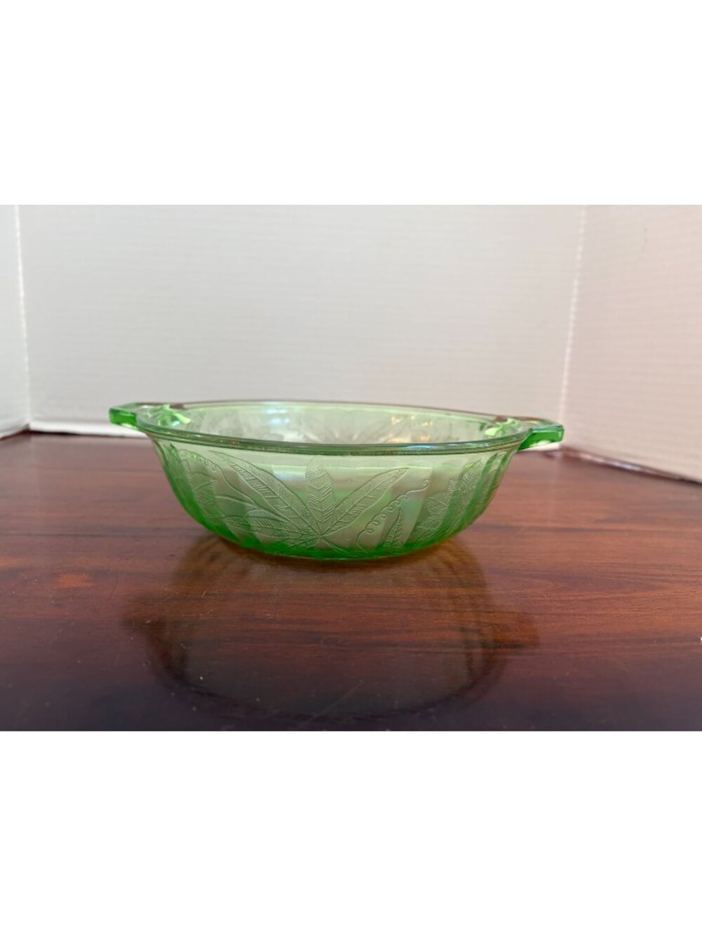 Vintage Green Uranium Glass Oval Vegetable Bowl, Jeanette Glass, Floral or Poins